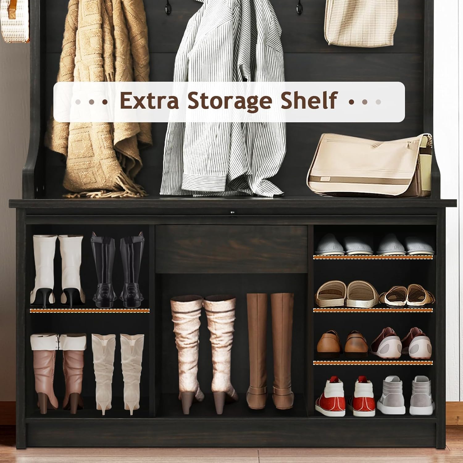 4ever2buy Farmhouse Hall Tree with Bench 5-in-1 Entryway Bench with Coat Rack with Sliding Barn Doors Entryway Coat Rack with Shoe Storage Dark Oak