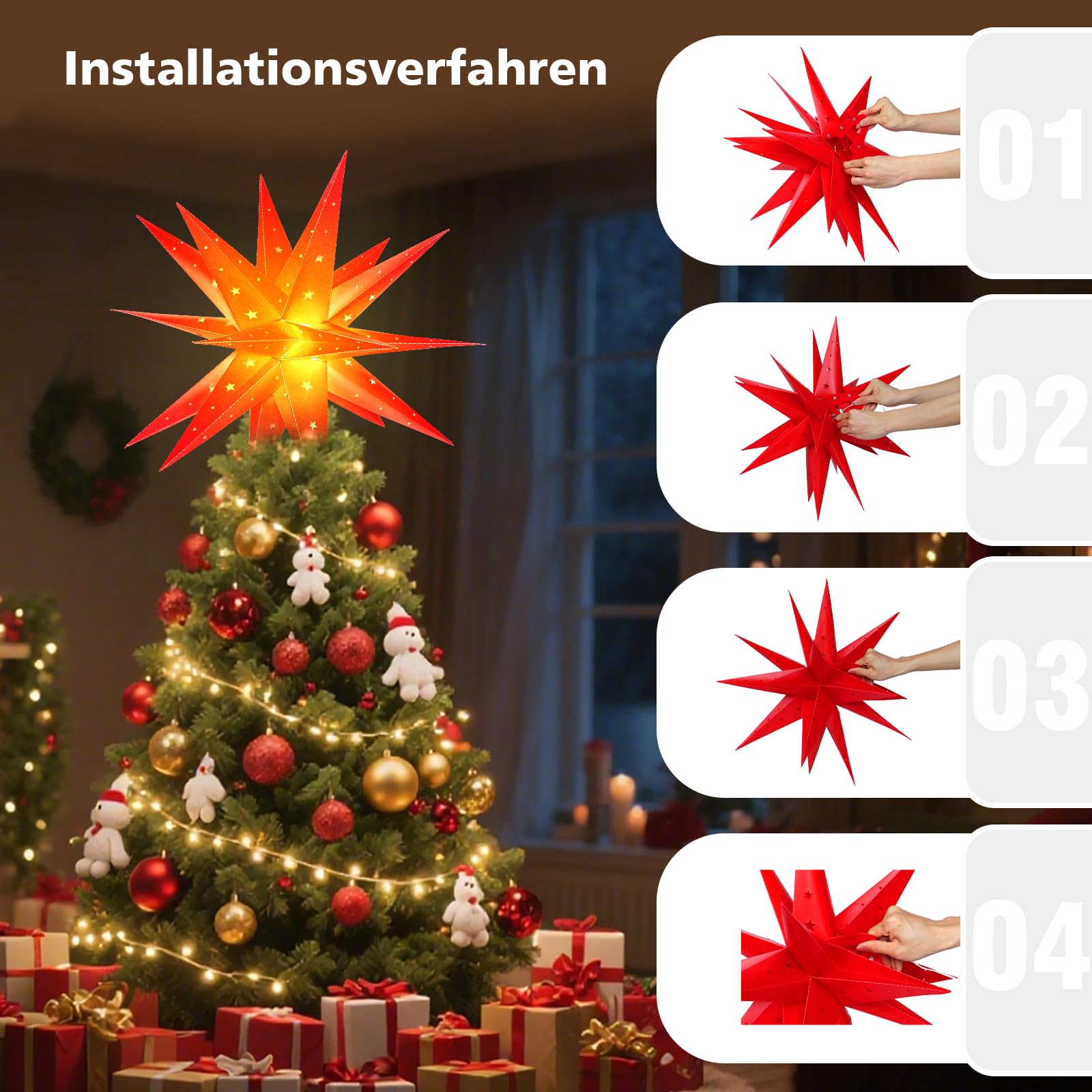 Sky angle 3D Weihnachtsstern Beleuchtet Batterie mit Timer für Fenster - 60cm Dekorieren von Weihnachtsbaum, Rot led Weihnachtsstern für Innen, Außen, Innenhof, Balkon Und Garten