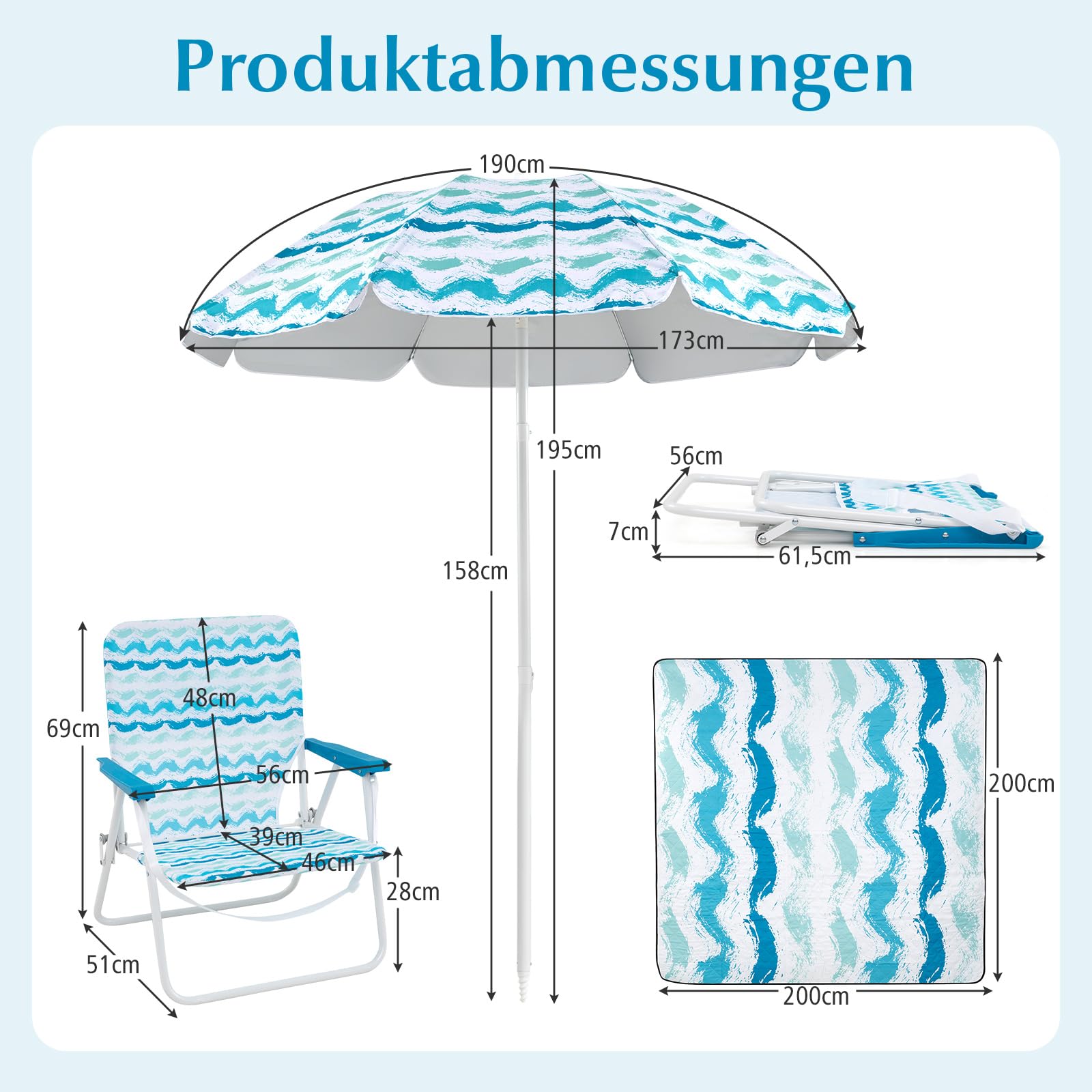 COSTWAY Strandstühle mit Schirm und Stranddecke, Sonnenschirm mit Tragetasche, beidseitig um 30° knickbar, 2 Klappstühle mit Rückentasche, Picknickdecke