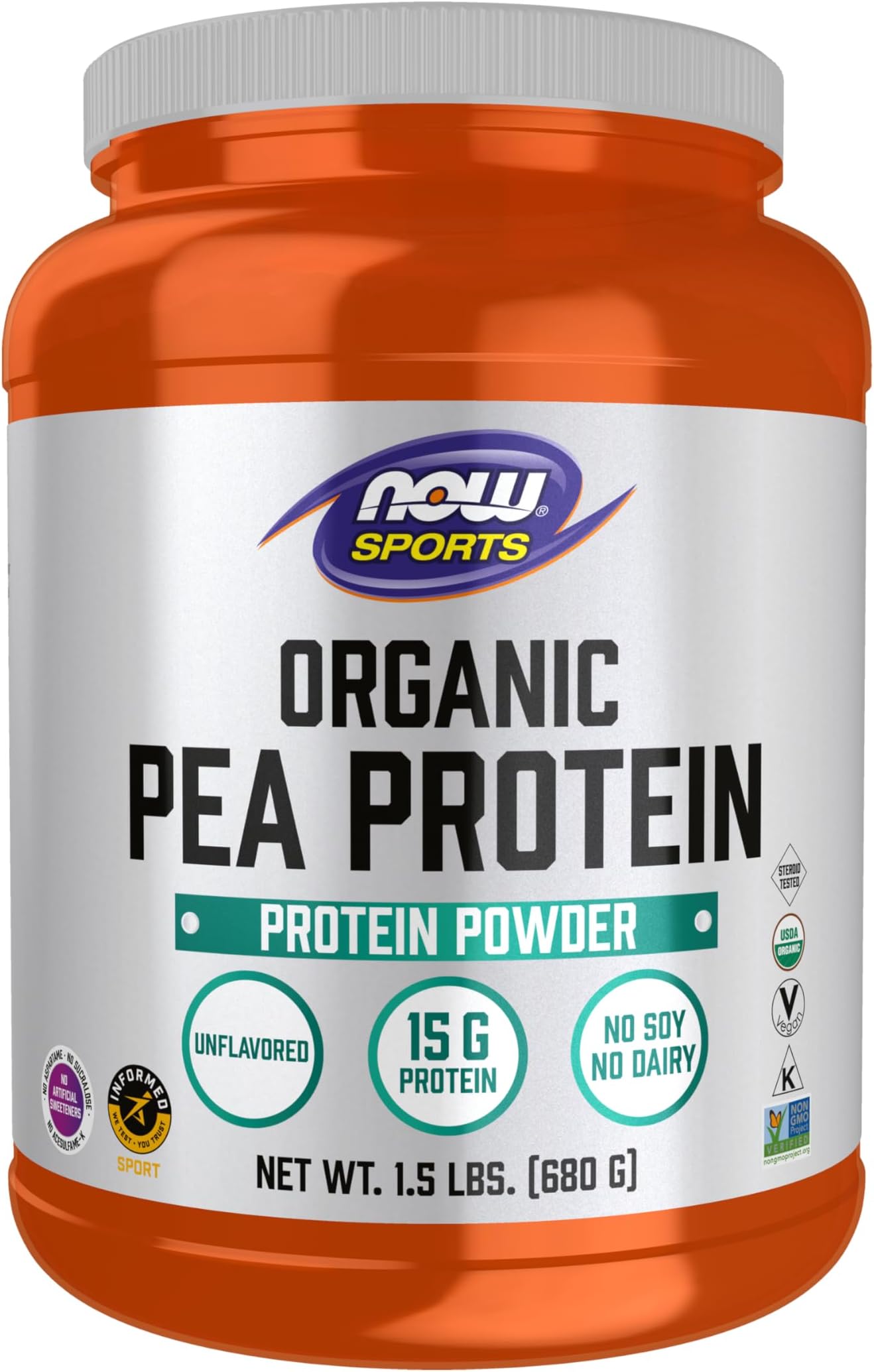 Sports Nutrition, Certified Organic Pea Protein 15 Grams, Unflavored Powder, 1.5-Pound