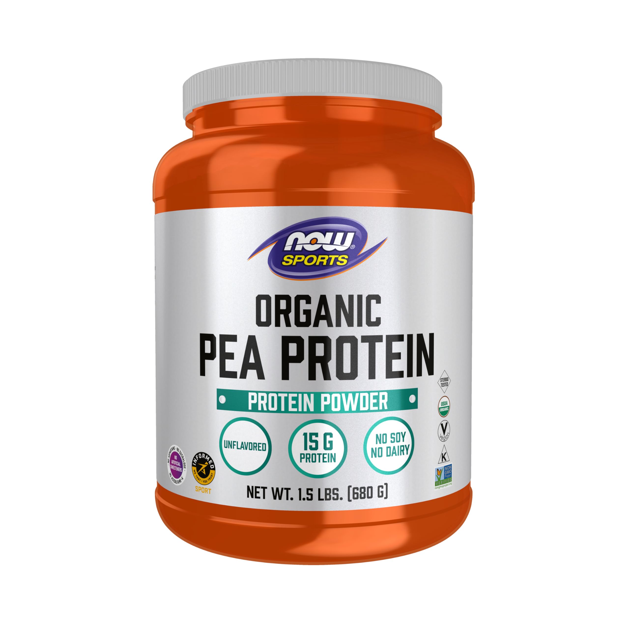 NOW Foods Sports Nutrition, Proteína de guisante orgánica certificada, 15 gramos, polvo sin sabor, 1.5 libras