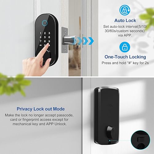 Miniatura 4 de Aquewind Cerradura inteligente para puerta, cerradura de huellas dactilares con teclado, cerradura de entrada sin llave Bluetooth, cerraduras