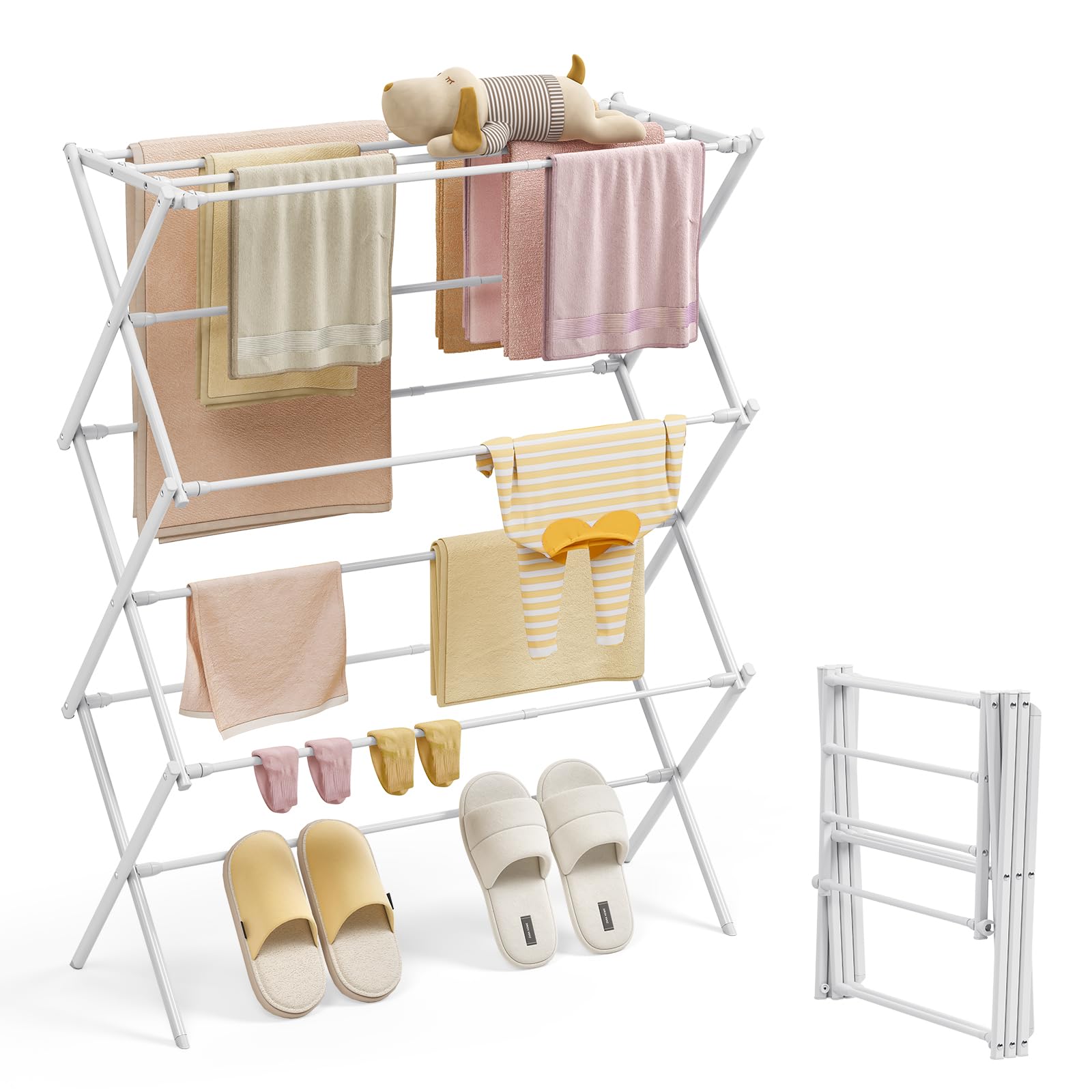 KINGBOARD Clothes Drying Rack Collapsible Drying Rack Clothing with 11 Poles 3-Tier Laundry Drying Rack Small Clothes Drying