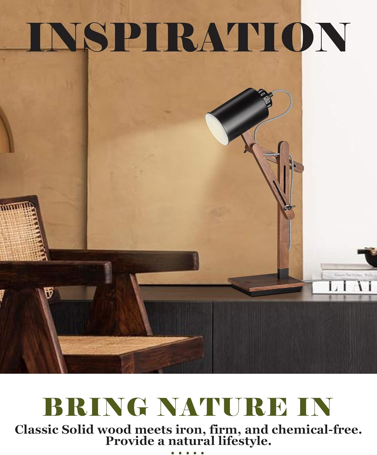 ELYONA Vintage Desk Lamp & Touch Control Desk Lamp with Wireless Charging & USB Port, LED Swing Arm Table Lamp, Adjustable, 5W Bulb Included, Wood Reading Task Light for Bedroom Study Work, Office