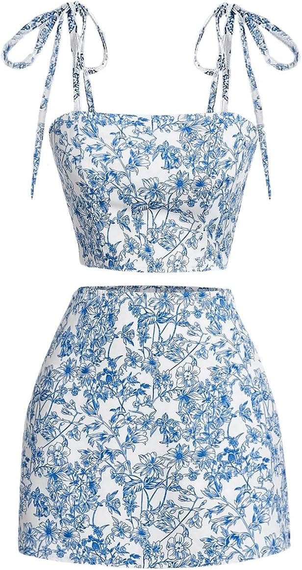 Women's 2 Piece Outfits Floral Print Tie Shoulder Shirred Crop Tank Top and Skirt Set X-Small Blue