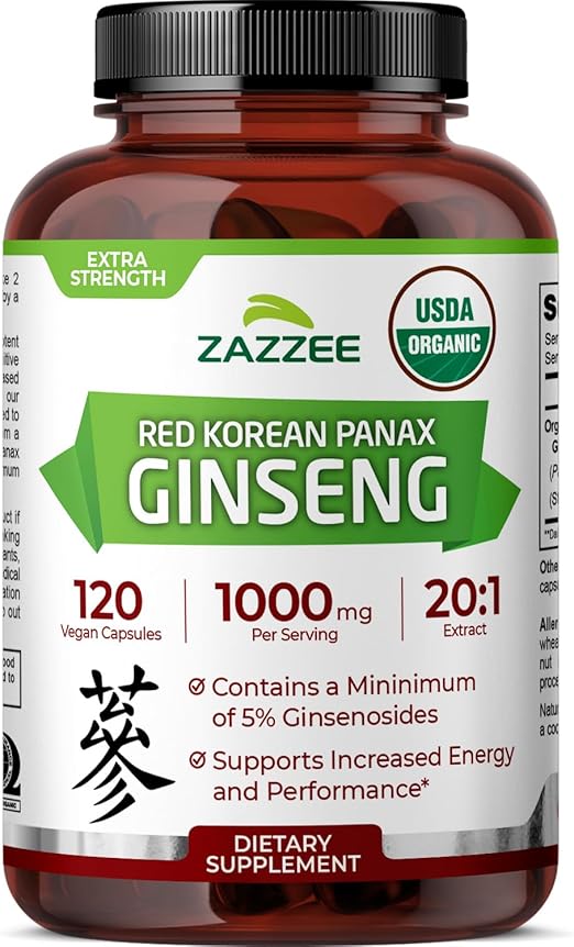 Zazzee USDA Organic Red Korean Panax Ginseng 20:1 Extract, 1000 mg, 5% Ginsenosides, 120 Vegan Capsules, Standardized and Concentrated 20X Root Extract, 100% Vegetarian, All-Natural, Made in The USA