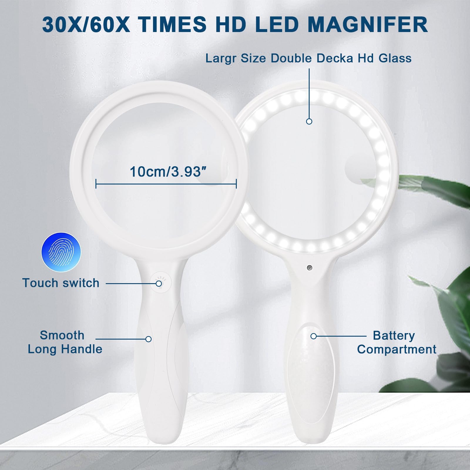 Lupa con luz, 33 LED de color blanco, 30 aumentos, lupa para lectura iluminada, lupa recargable por USB, lupa con luz