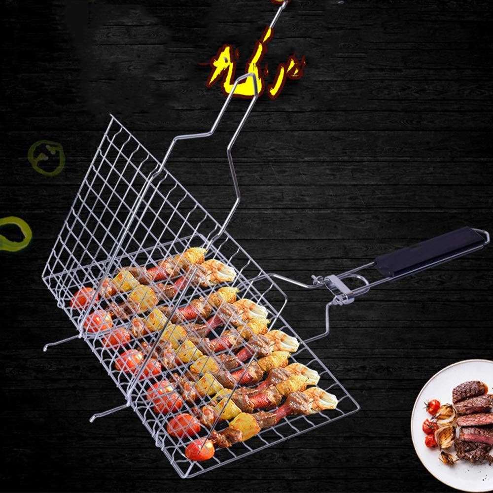 Cestello per verdure per grigliare, cestello per grigliate di pesce, accessori per barbecue, griglia per barbecue pieghevole in acciaio inossidabile con manico in legno rimovibile per cucinare alla
