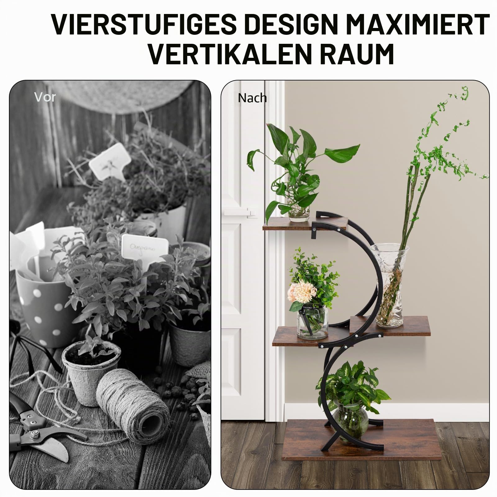 Todeco Pflanzenregal 4 Etagen aus Metall – Blumenständer für Innen