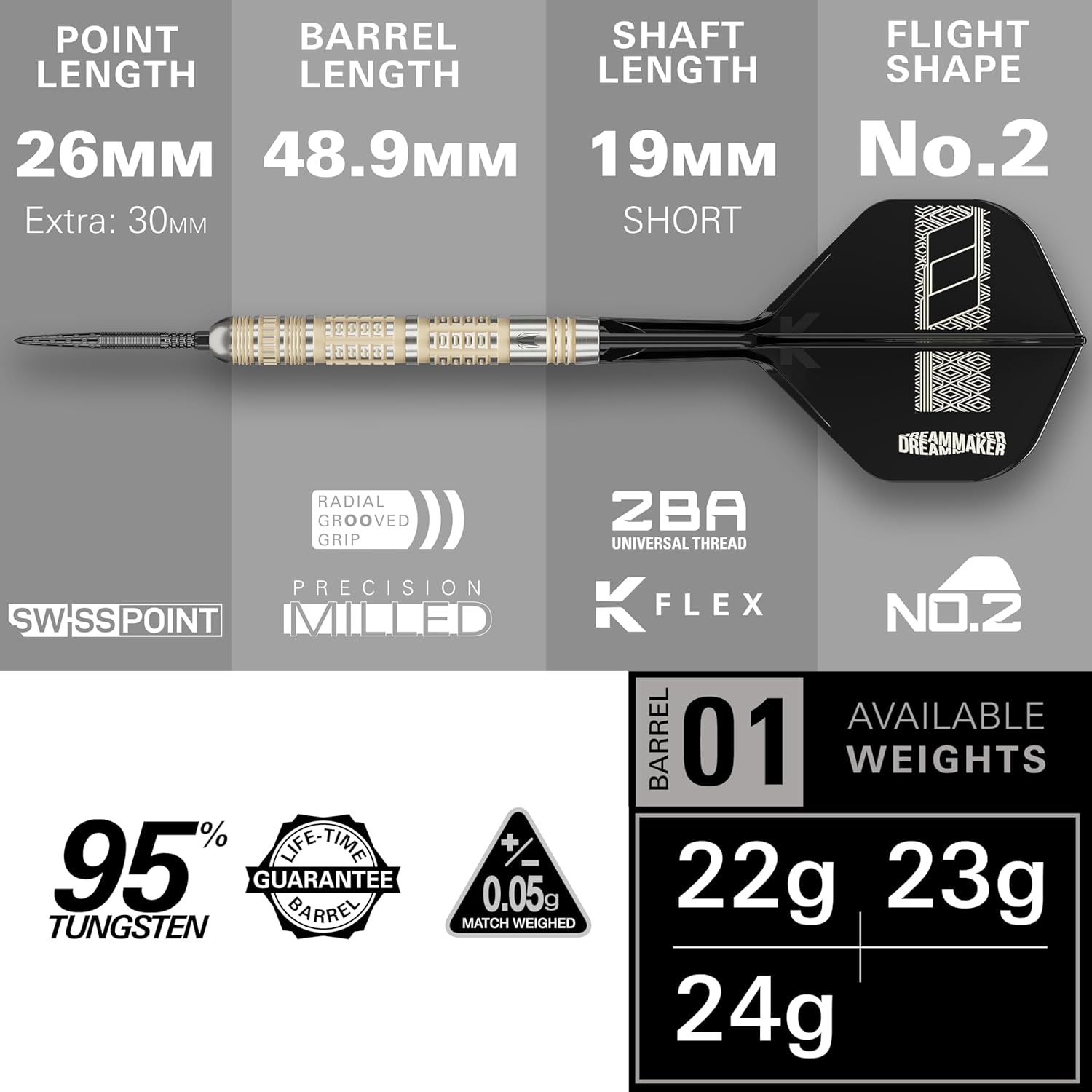 Target Darts Dimitri Van den Bergh Steel Tip 95K Dart Set, 22G/23G/24G | 95% Tungsten Darts, K-Flex No.2 Flights & Shafts, Swiss DX Points Black & SP Tool Included | Player Edition Professional Dart