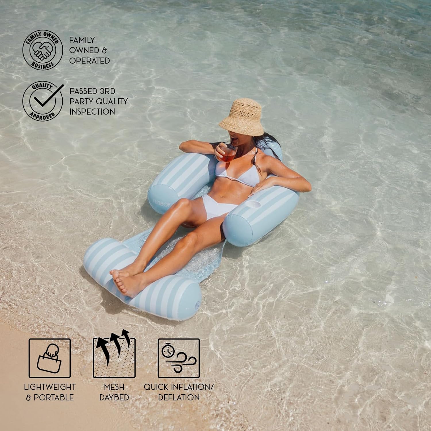 FUNBOY Coastal Stripe Mesh Chair 2-in-1 Water Chair with Cooling Mesh and Water Hammock Inflatable Pool Float.