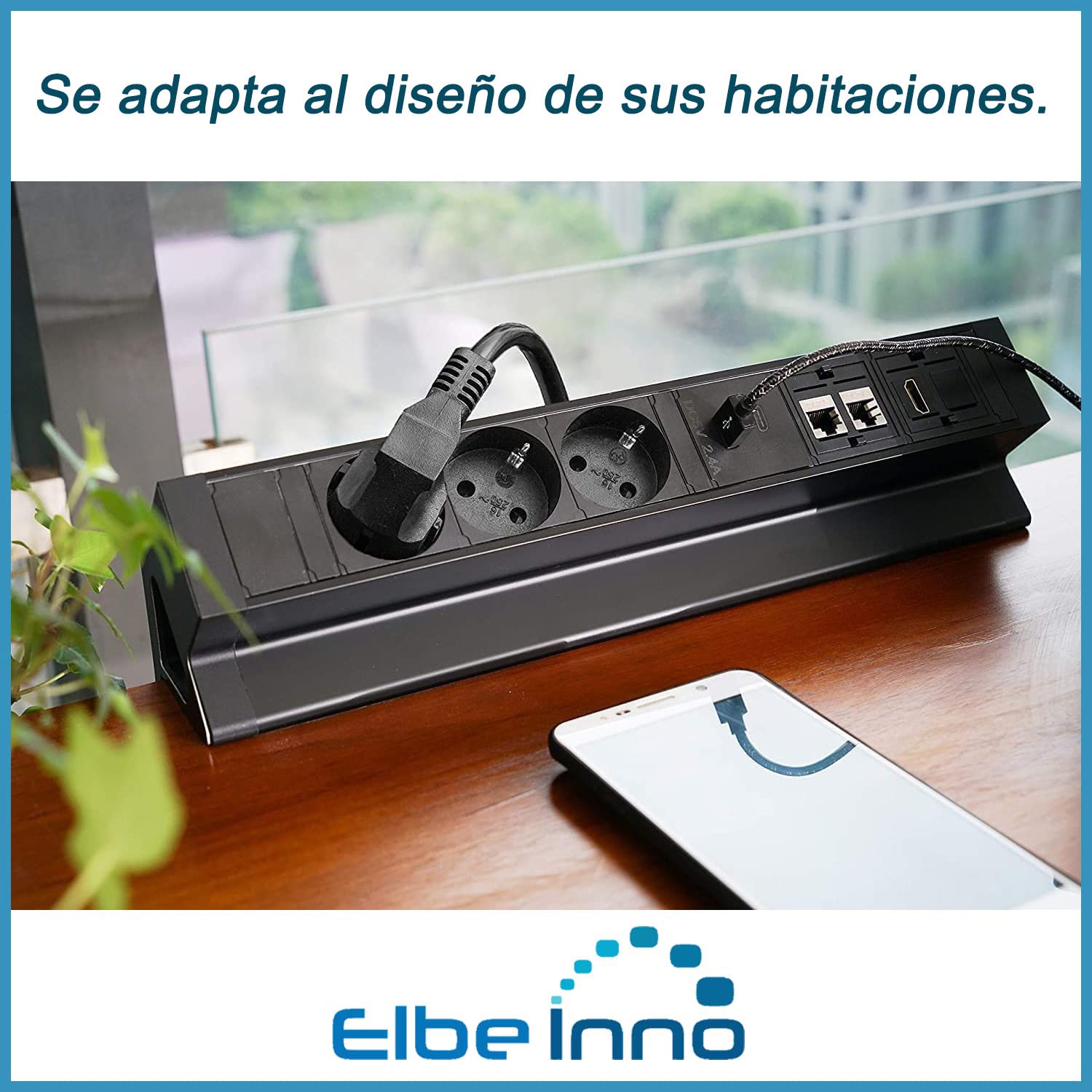 Enchufe de Mesa de 3 Compartimentos, con conexión de Carga USB de Tipo A y una de Tipo C, 2 RJ45, HDMI, Enchufe múltiple con Abrazadera y Cable de conexión de 1,5 m, para Oficina, Cocina