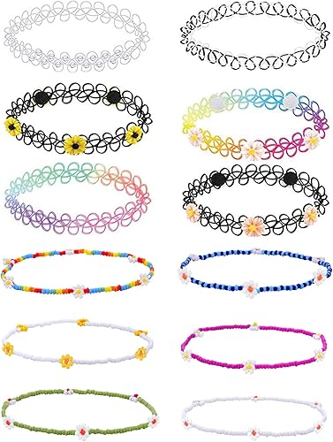 BodyJ4You - Juego de 12 gargantillas elásticas tipo tatuaje de henna. Paquete de joyas elásticas, regalo para mujeres y niñas