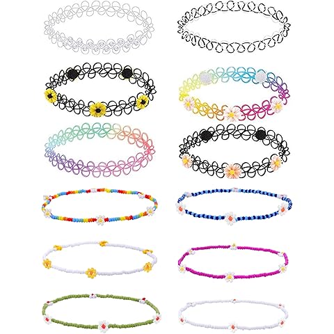BodyJ4You 12PC Tattoo Choker Necklace for Women - 90s Choker Necklaces Y2K Fashion Trendy Vintage - Emo Black Choker Rainbow Pink White Purple Neon Green Blue Daisy Flower