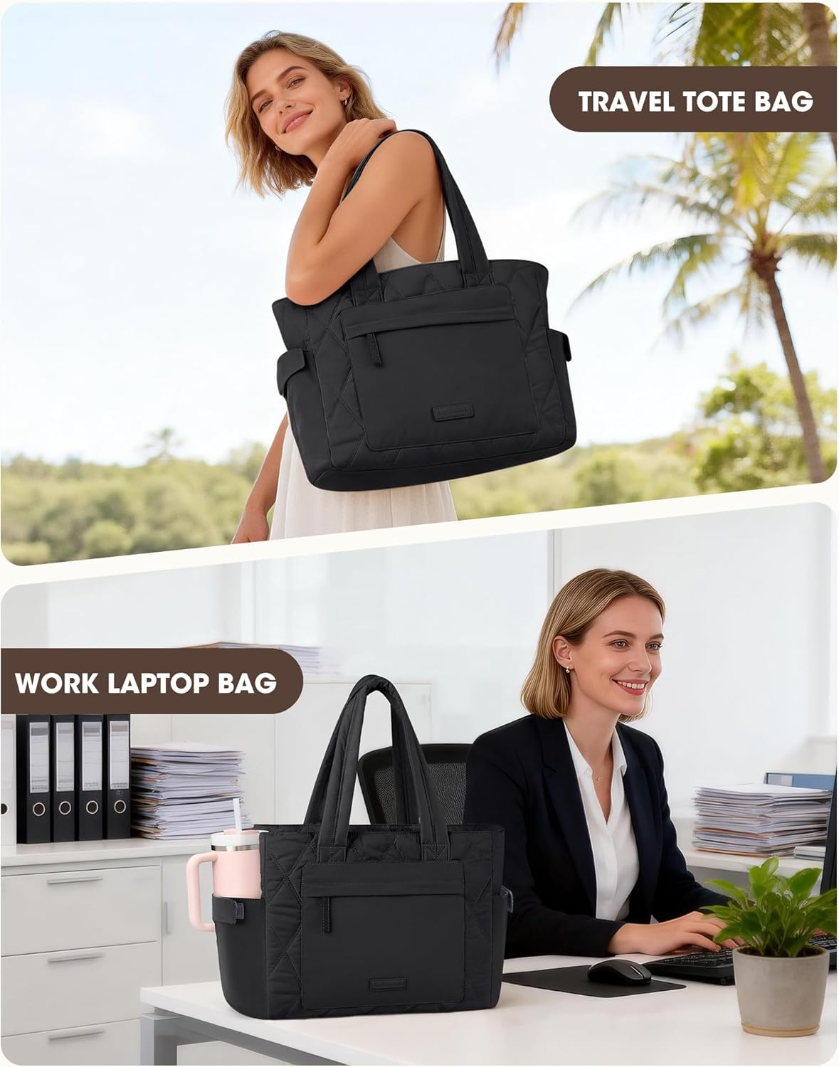 RAINSMORE Work Tote Bag for Women, Puffer Laptop Tote Bag, Lightweight Quilted Travel Tote with Cup Holder for Teacher Nurse