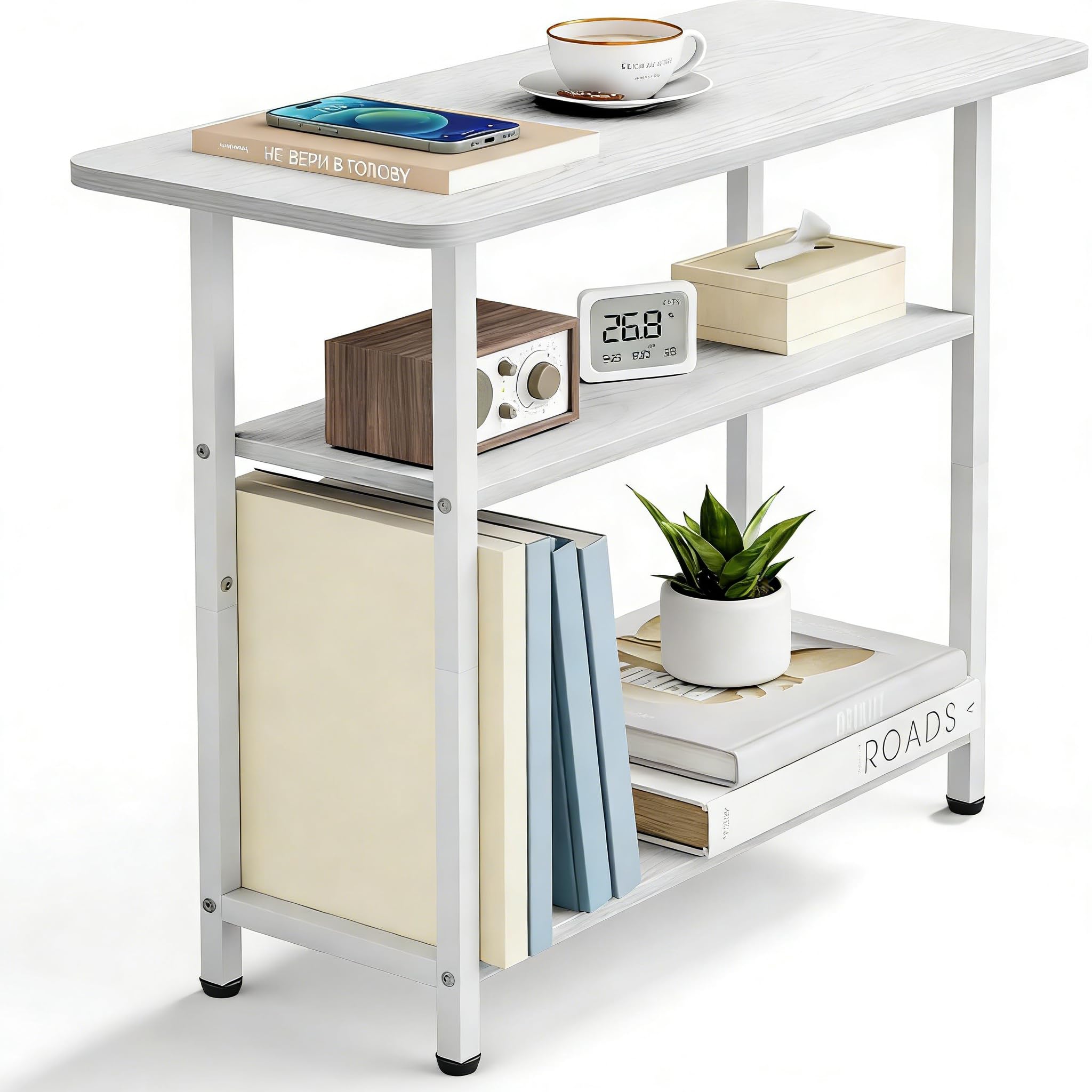 MISSLO Slim Side Table for Living Room, 3 Tier Small End Table for Narrow Spaces with Wide Storage Tabletop, Skinny Nightstand for Sofa, Bedroom, Couch, Bedside, White