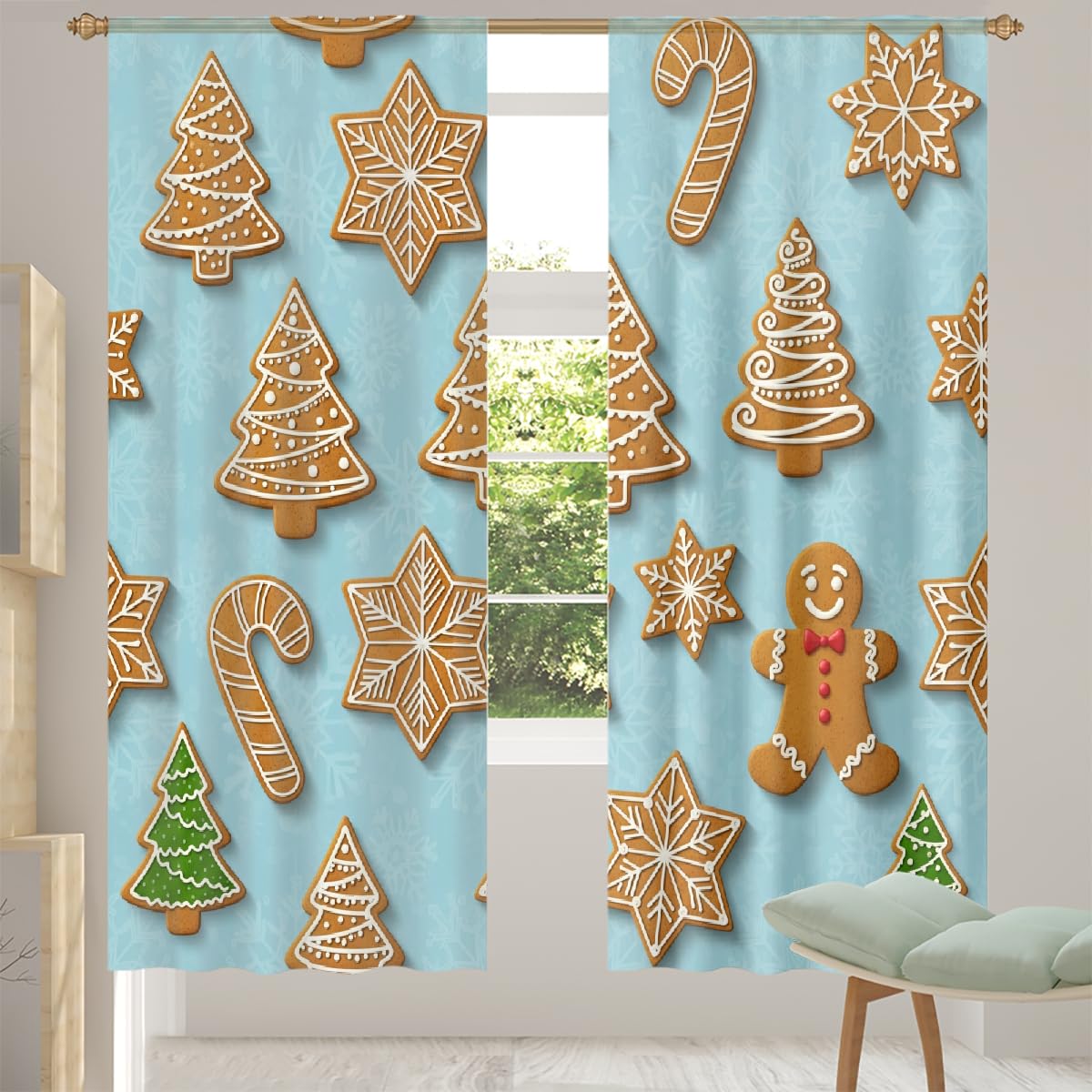 Rideaux de Noël pain d'épices 213 cm pour illuminer le salon en hiver