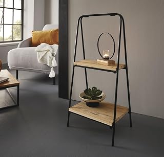 Dekoleidenschaft Regal Modern aus Metall, schwarz + 2 Böden aus recyceltem Holz, klappbar, Blumenregal, Etagere, Pflanzenständer, Blumenetagere, Standregal, Klappregal