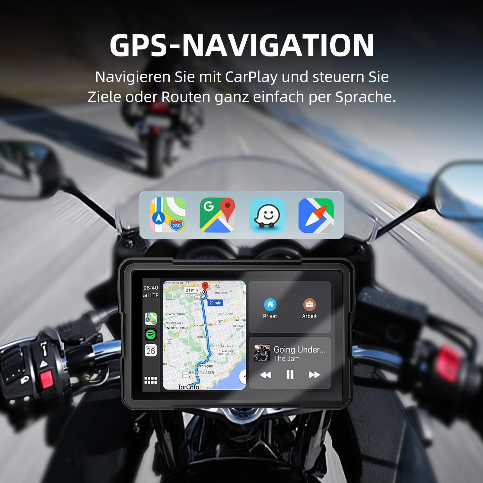 7 Zoll Motorrad Display mit Wireless CarPlay & Android Auto, 1000 Nits Helles Motorrad Navi Touchscreen, IP67 Wasserdicht, Dual-Stromversorgung (Acc/USB), Sprachsteuerung für Navigation & Musik