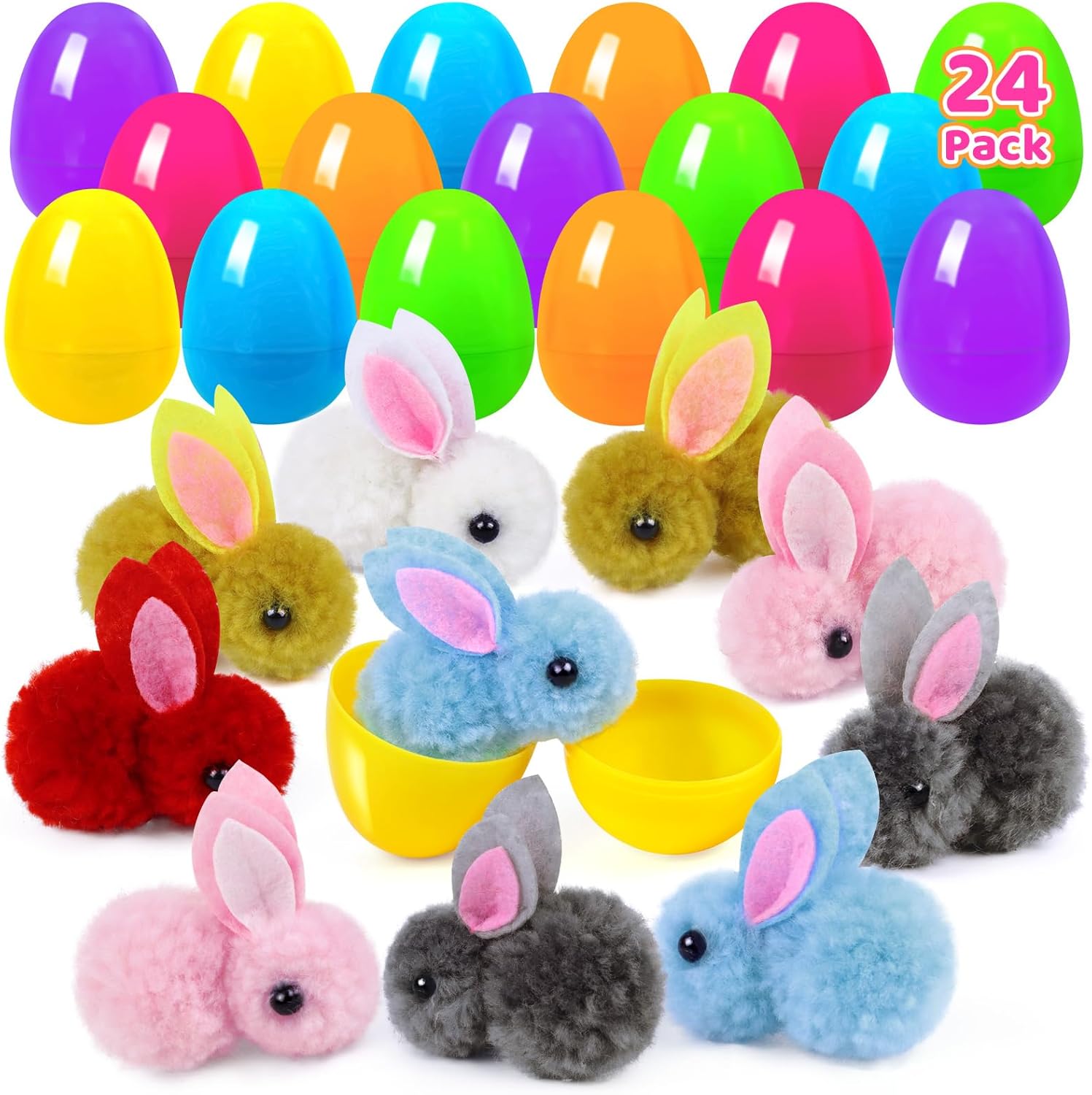 24 Pack Prefilled Easter Eggs Fillers for Kids with Bunny Plush Toys, Colorful Filled Easter Eggs Stuffers, Easters Egg Filled with Toys for Kids Toddler Teens Boys Girls