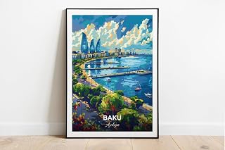 Baku Travel Poster, Flame Towers, City Print, Cityscape Artwork, Wall Art, Location Print, Home Decor,