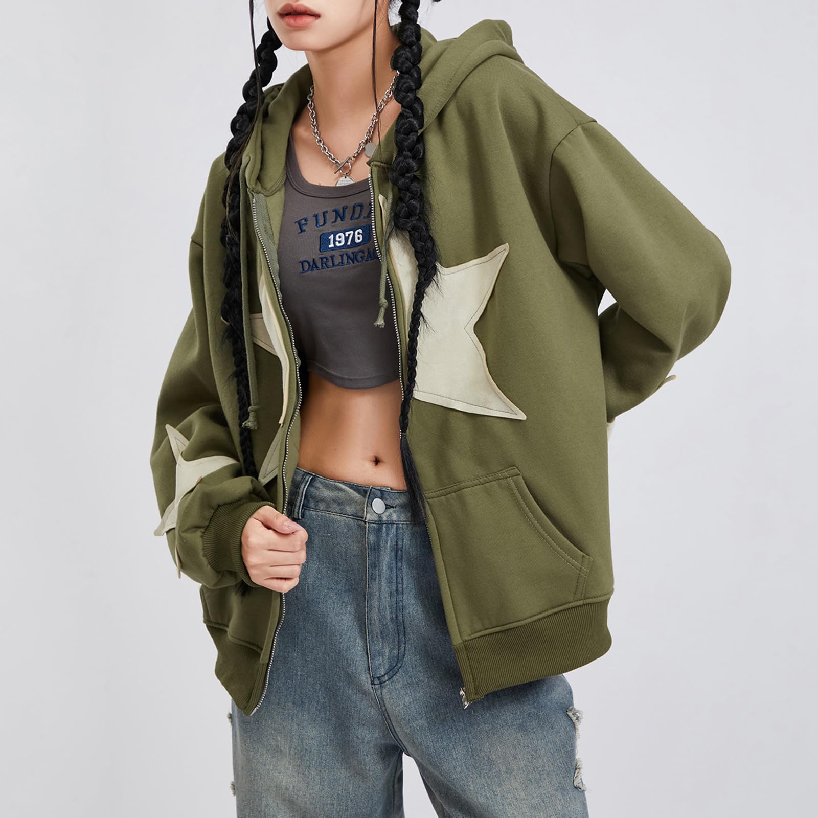 Damen Y2K Kapuzenpullover mit Reißverschluss, Sternenmuster, übergroße Sweatshirts, Fee, Grunge-Grafik, Kapuzenjacke, Harajuku, ästhetisch, E-Girls, Streetwear