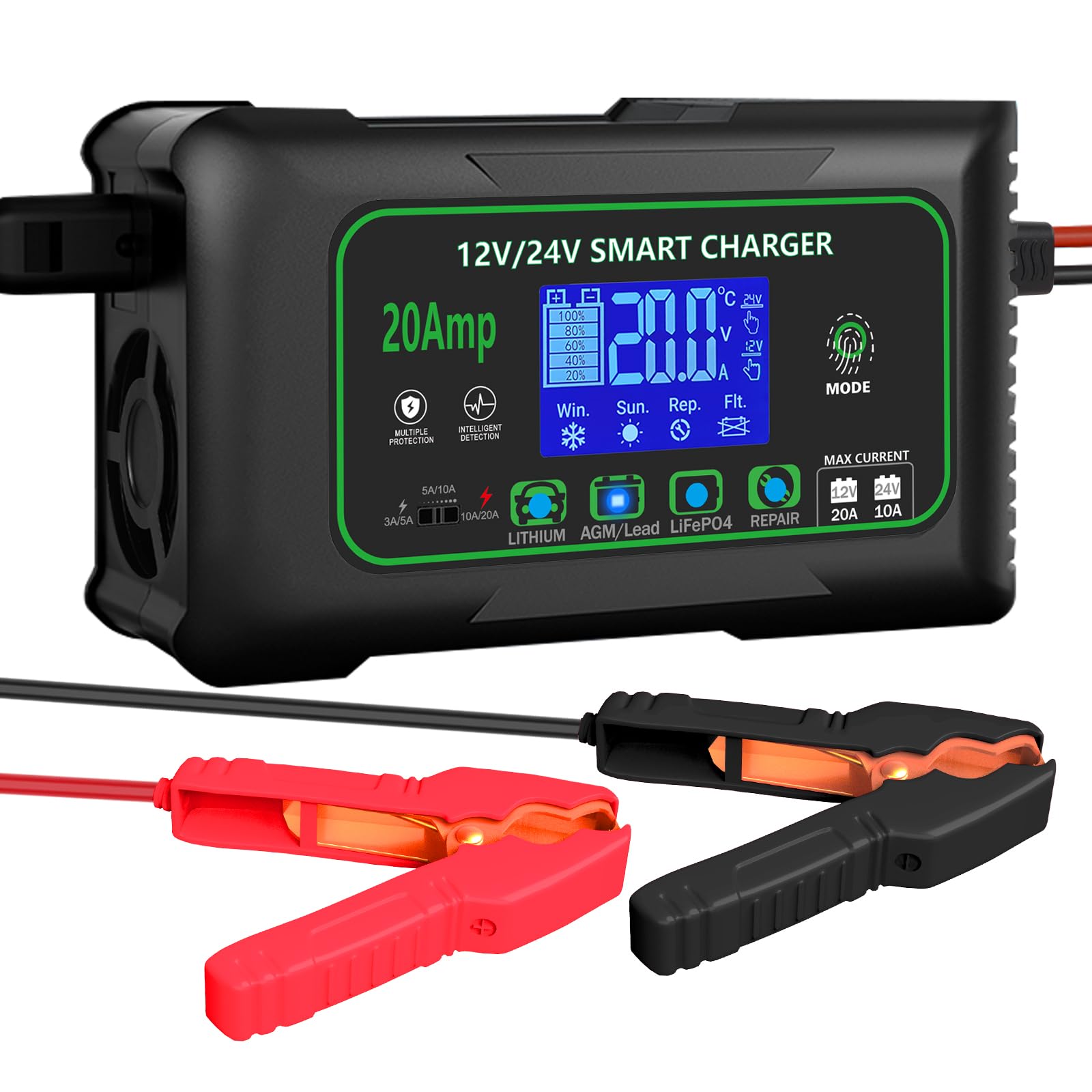20 Amp Smart Battery Charger, 12V/20A and 24V/10A Car Battery Charger, Trickle & Maintainer Pulse Repair for Lithium, Lifepo4, Lead-Acid (AGM/Gel/SLA), Boat, Motorcycle, Golf Cart, Tractors