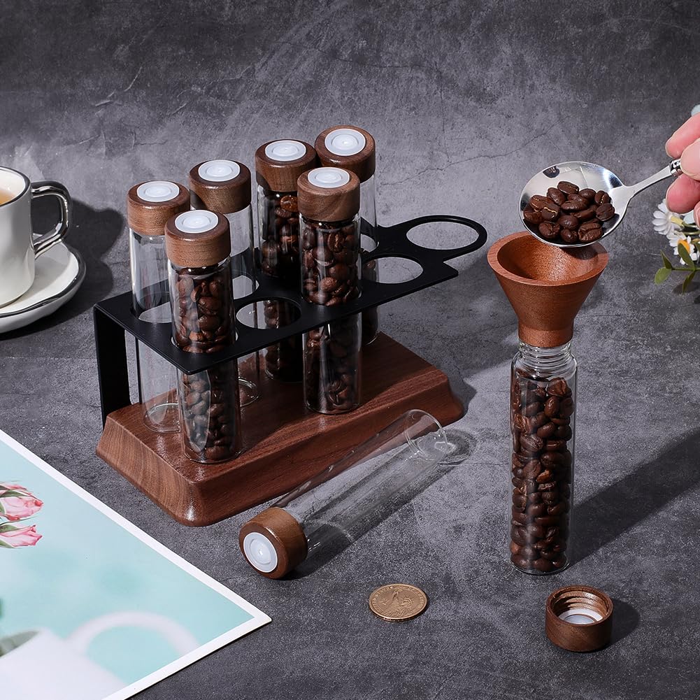 UNICRAFTALE 8 Stück 2oz Kaffeebohnen Röhrchen Einzeldosis Kaffee Lagerung mit Einwegventil Eisen Gestell Holz Ständer Trichter Sienna Arbeitsplatten Organizer für Kaffeeliebhaber 17.6x8.8x14.5cm