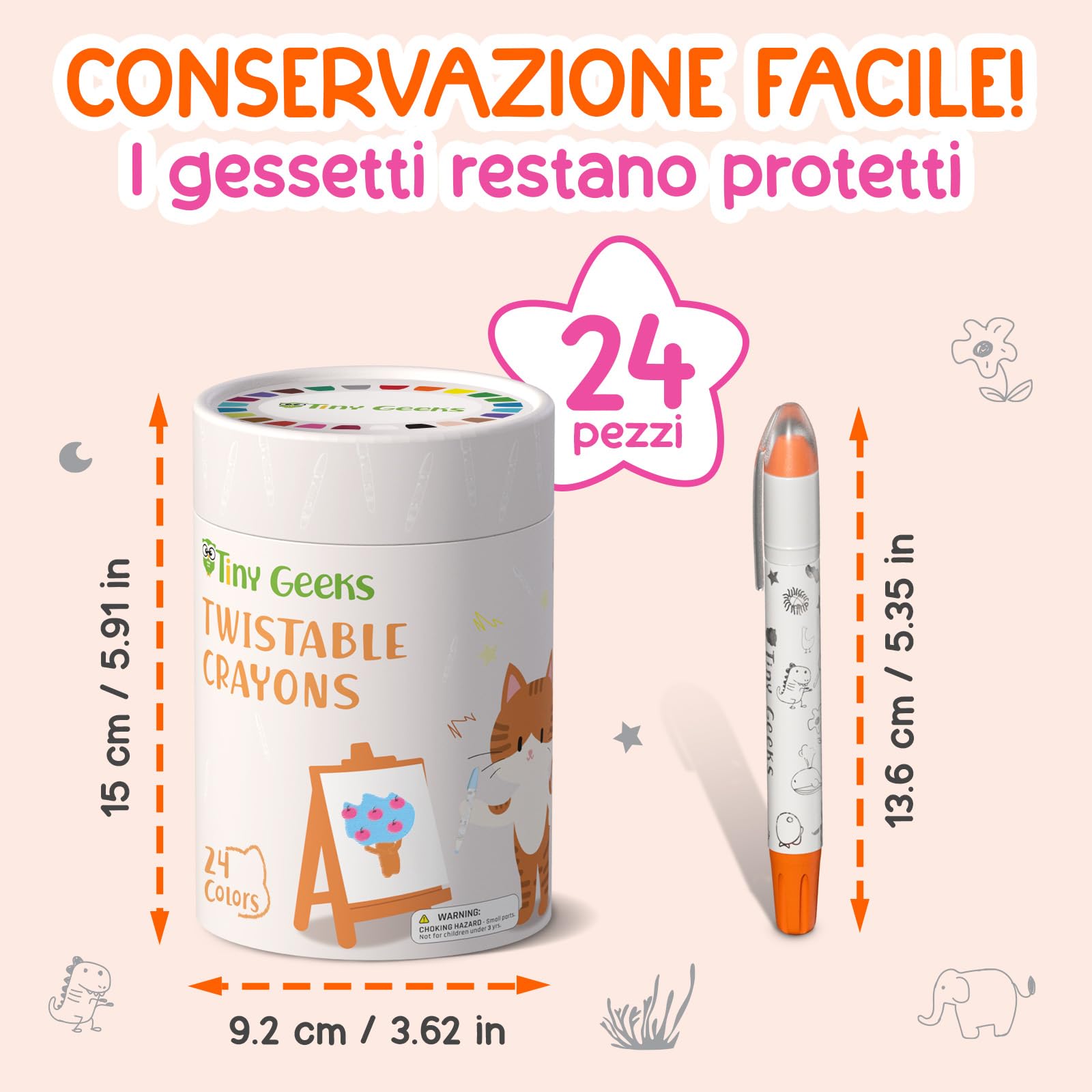 TinyGeeks 24 Pastelli a Cera Twistabili - Non Tossici per Bambini 1-3 Anni - Pastelli a Cera Lavabili per Bambini di Età 4-8 Anni