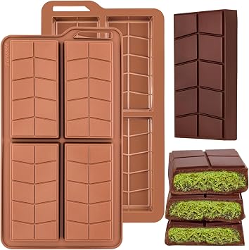 Chocolate Bar Moulds Silicone Non Stick 0.82inch Deep,2 Pack Large Dubai Stuffed Bar Mould for Making DIY Filling Thick Chocolate Pistachio Candy Snacks