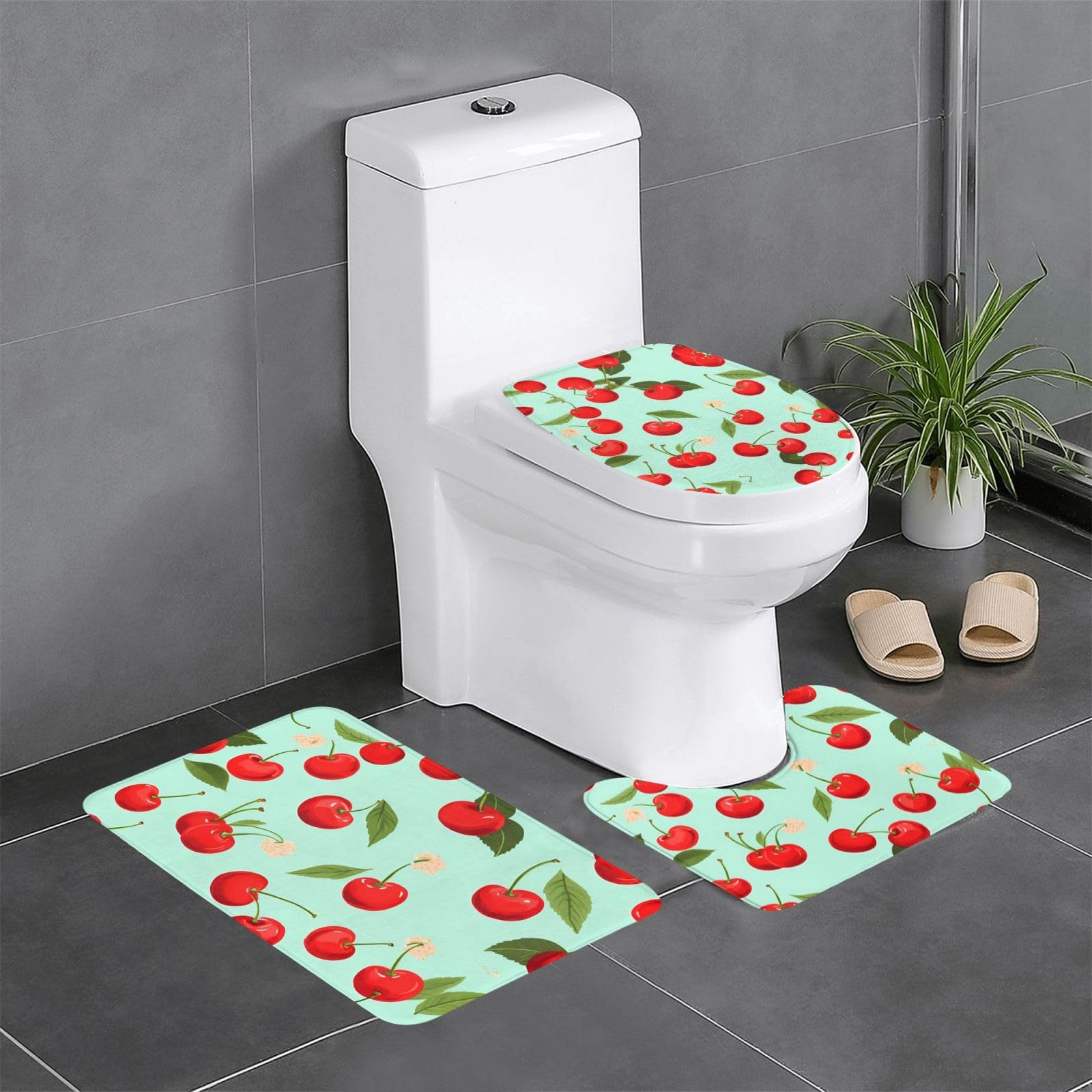 Tapis de contour et rectangulaire cerises aux finitions soignées pour WC
