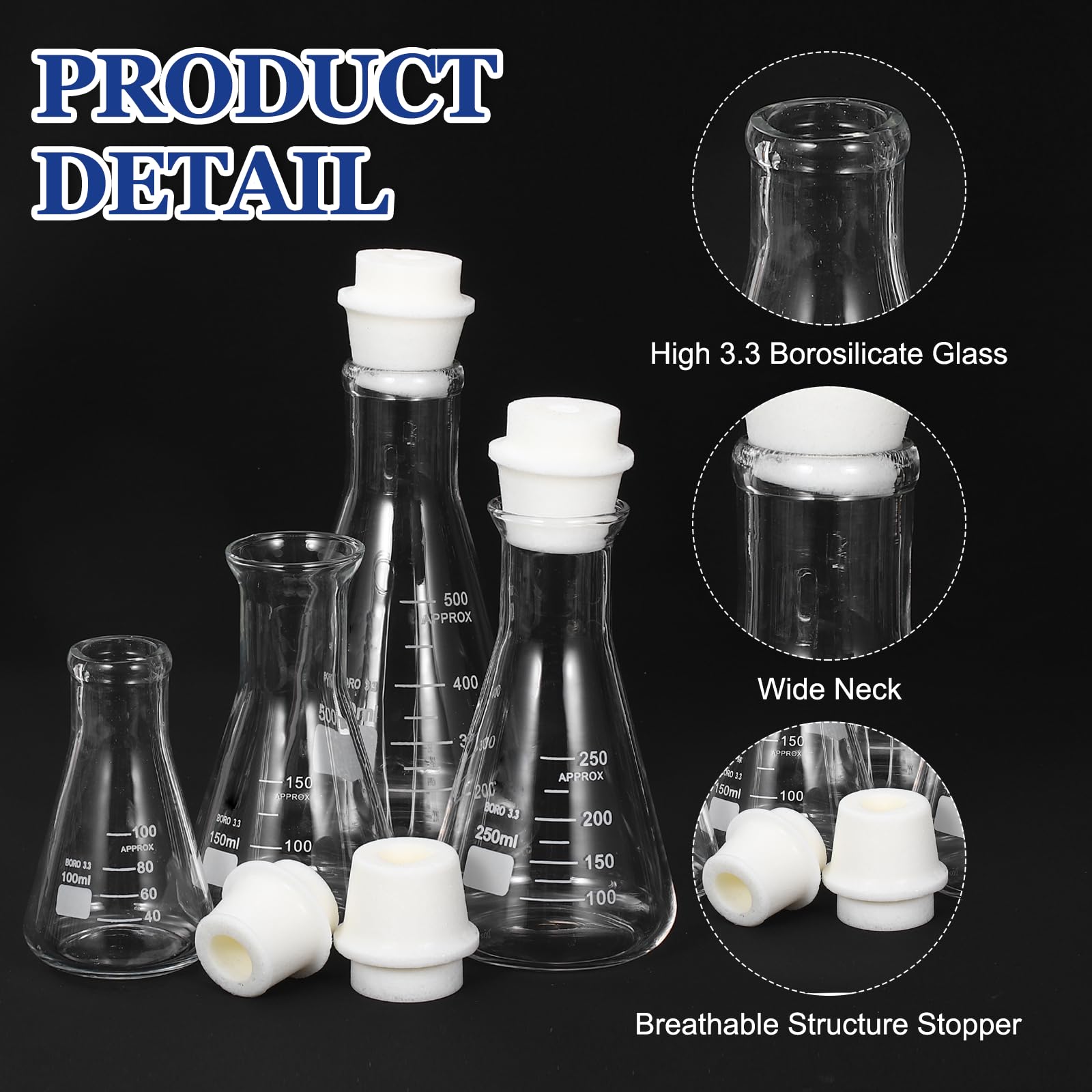 PATIKIL PATIKIL Matraz Erlenmeyer De Boca Vidrio De Silicona Arena Transparente|Estrecha 1000ml 33.8oz Borosilicato 3.3 Con Tapón Núcleo De Matraces Graduados Con Escala Impresa Para