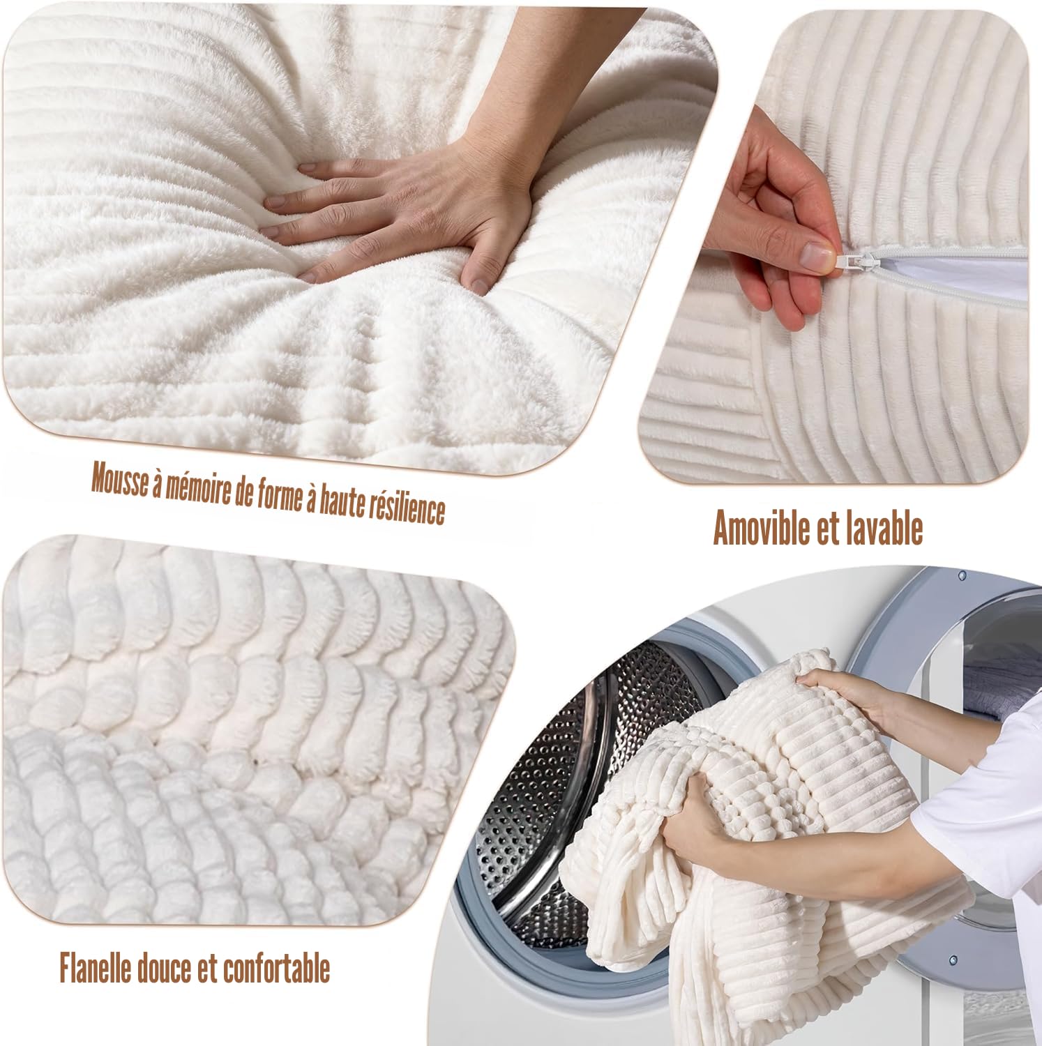 NALONE Pouf Salon XXXL, 4-en-1 Pouffe Géant Housse Lavable Canapé Rempli de Mousse Mémoire, 195 cm Fauteuil Pouf Housse en Flanelle Doudou Idéal pour Salon, Chambre (Blanc)