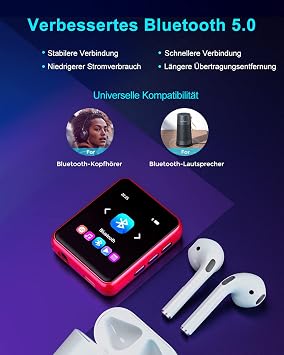 32GB MP3 Player Bluetooth 5.0 HiFi Lossless Sound Music Player with loudspeaker Line-in Voice Recorder FM Radio 1.8 Full touchscreen support up to 128 GB (with headphone protective cover)