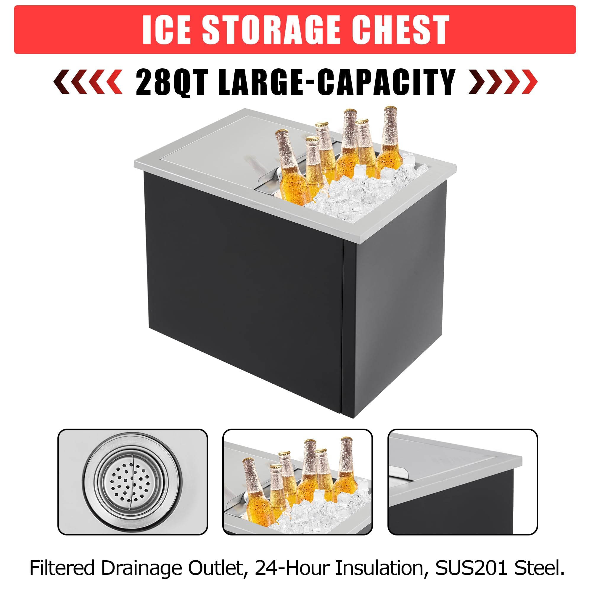GarveeTech Großer Edelstahl-Eisbehälter für Outdoor Küche – Isolierte Drop-In Kühlbox mit Schiebeabdeckung & Ablauf, für BBQ, Bar & Garten – 27×18×21 Zoll, Schwarz/Silber, Schiebedeckel