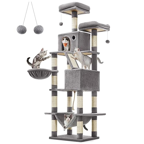 Feandrea Cat Tree, 81.1-Inch Large Cat Tower with 13 Scratching Posts, 2 Perches, 2 Caves, Basket, Hammock, Pompoms, Multi-Level Plush Cat Condo for Indoor Cats, Light Gray UPCT190W01 - XXL (23.6"L x 19.7"W x 81.1"H) - Light Gray