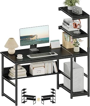 ALISENED 47" Computer Desk with Bookshelf & Storage Shelves, Black