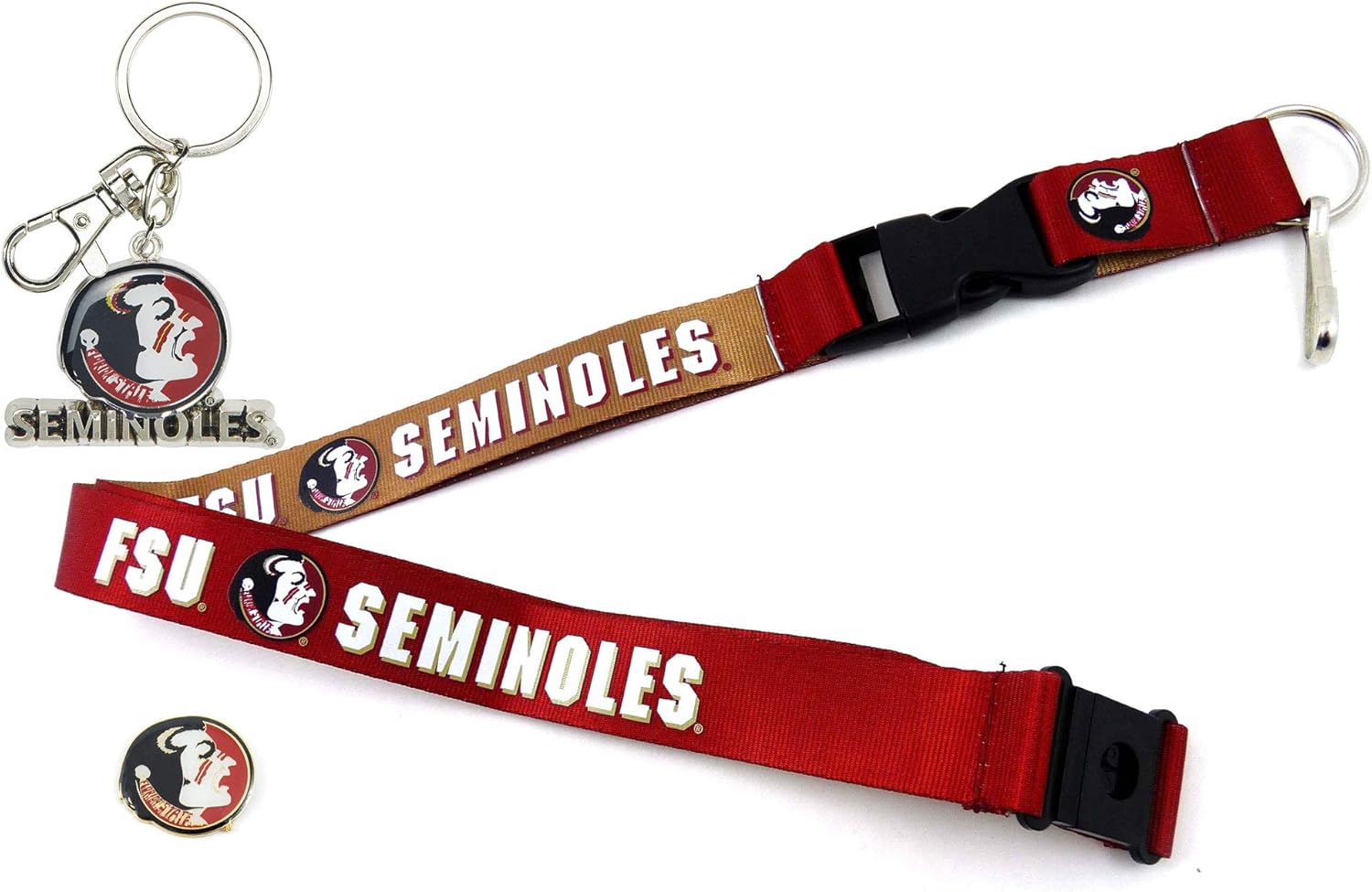 NCAA Florida State Seminoles Team Reversable Lanyard, Logo Lapel Pin, and Metal Keychain Gift Bundle