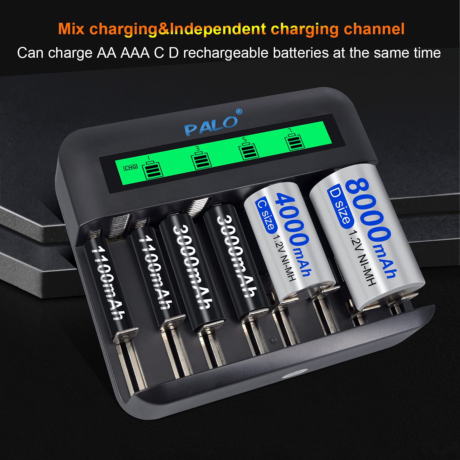 - Paquete de 4 baterías recargables de alta capacidad de 8000 mAh con cargador de batería universal para AA AAA C D