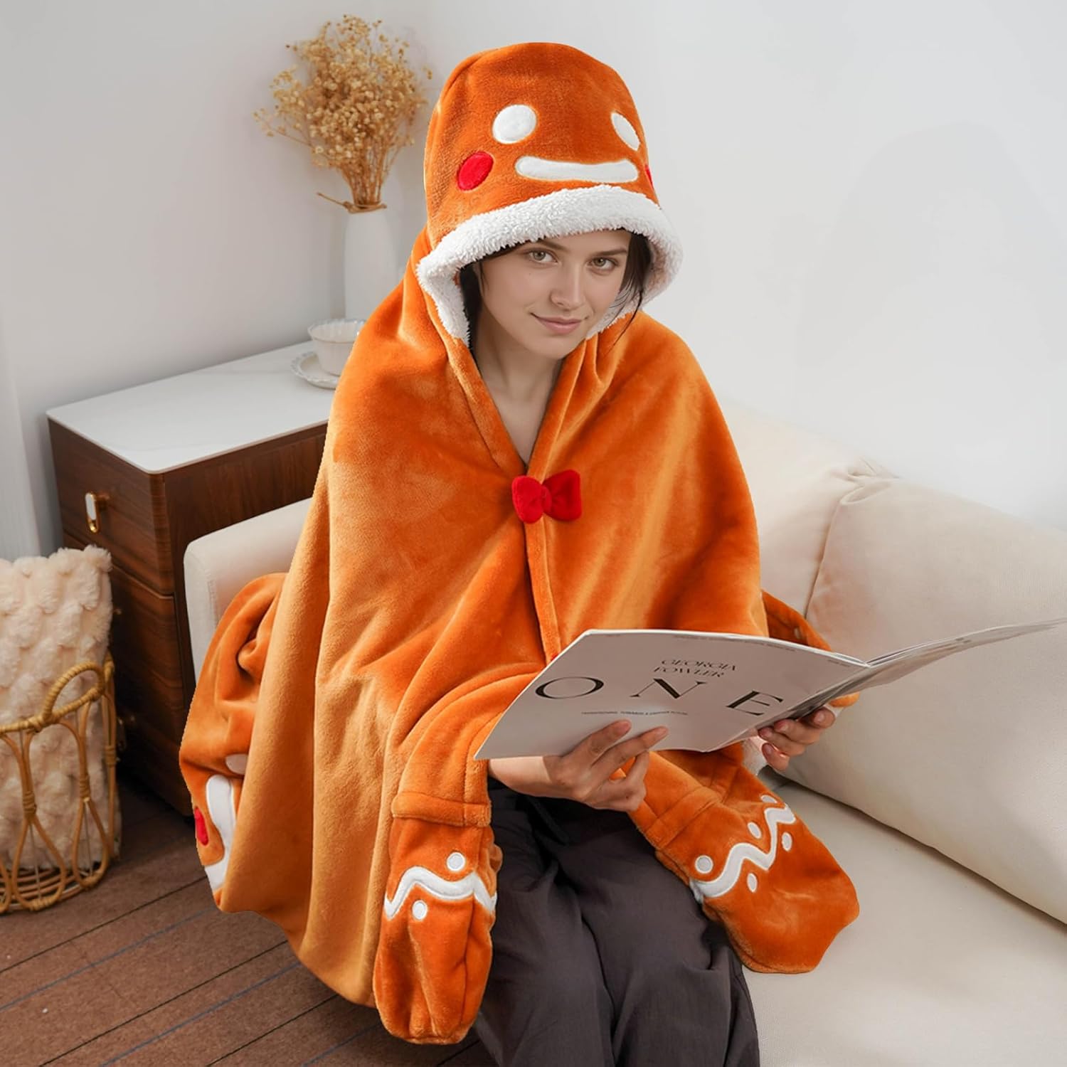 Tian Zhun Gingerbread Man Wearable Blanket Hoodie Fluffy and Super Soft Flannel Xmas Blanket Hooded Poncho Cute Christmas Gifts for Men and Women