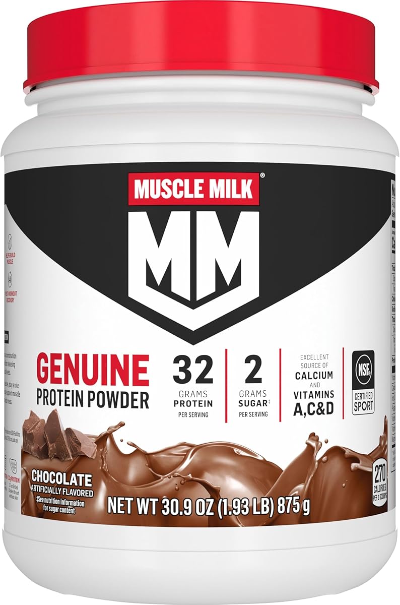 Muscle Milk Muscle Milk Genuine Protein Powder, Chocolate, 1.93 Pounds, 13 Servings, 32g Protein, 2g Sugar, Calcium, Vitamins A, C & D, NSF Certified for Sport, Energizing Snack, Packaging May Vary