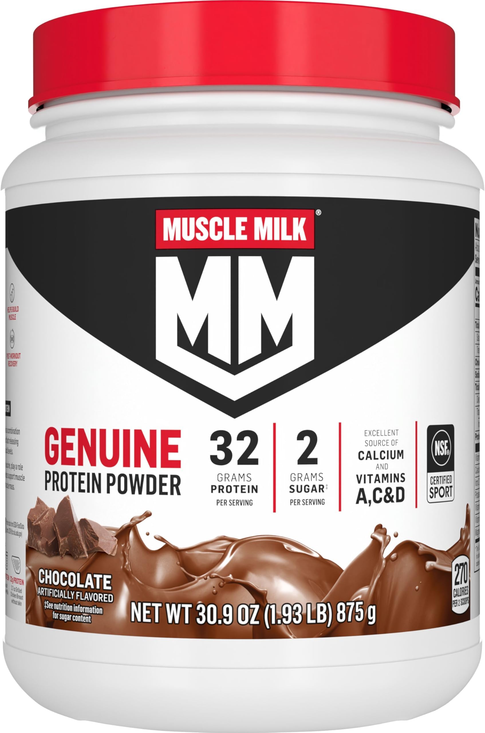 Genuine Protein Powder, Chocolate, 1.93 Pounds, 12 Servings, 32g Protein, 3g Sugar, Calcium, Vitamins A, C & D, NSF Certified for Sport, Energizing Snack, Packaging May Vary