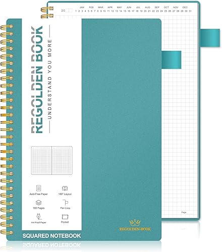 Miniatura 8 de Regolden-Book Cuaderno de puntos en espiral sin fecha, cuaderno de cuadrícula grande, cuaderno de espiral grueso con soporte para bolígrafo, 160
