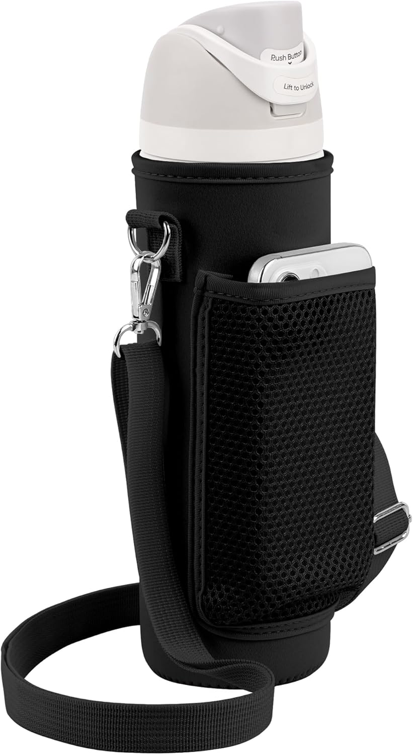 Linkidea Water Bottle Carrier with 2 Strap Compatible with Owala FreeSip 24oz, Waterbottle Sling Bag Holder, Shoulder Strap with Mesh Phone Pocket (Black)