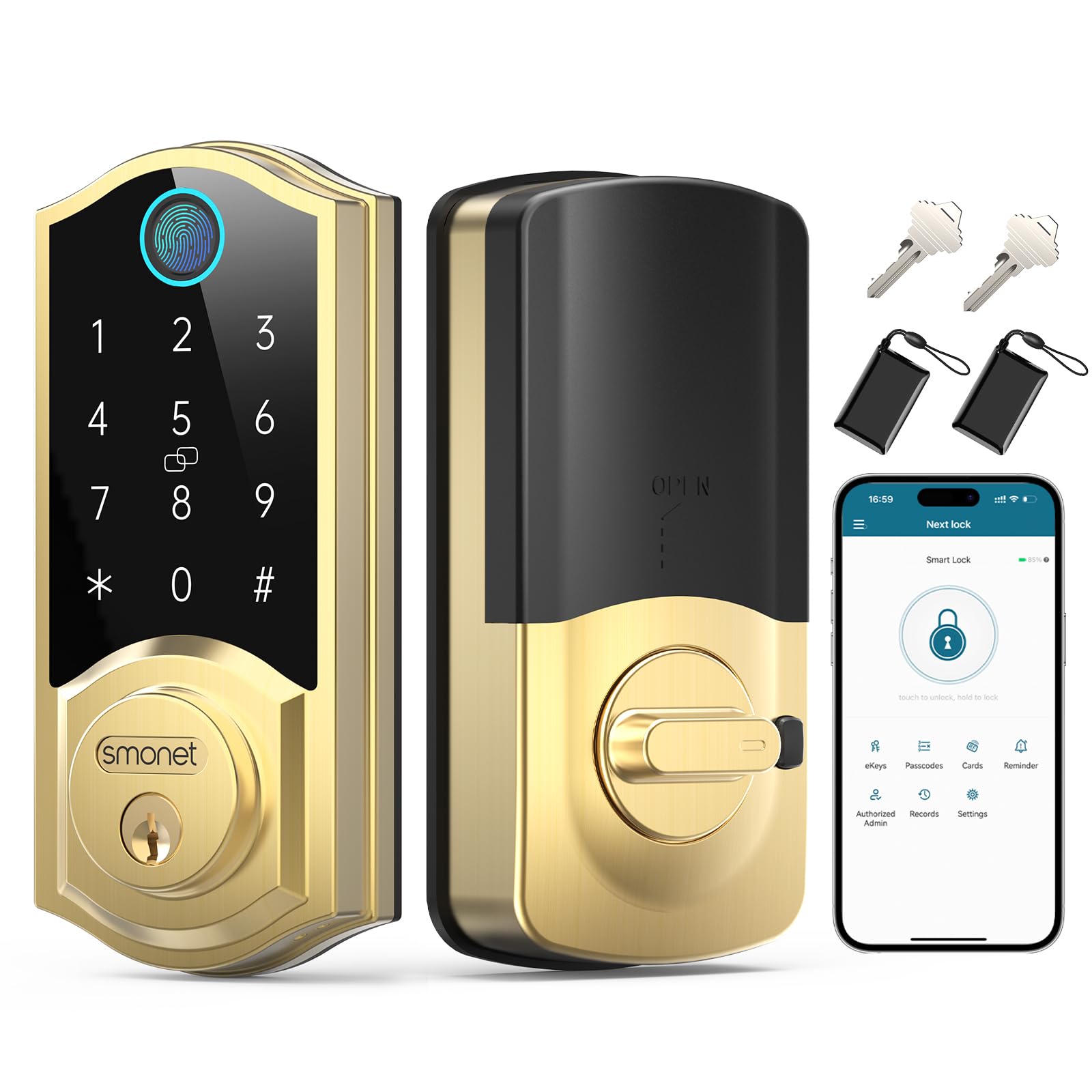 SMONET Smart Lock Fingerprint Deadbolt,Keyless Entry Door Lock with App Control,7-1 Smart Deadbolt with Digital Bluetooth Keyless Entry Keypad Biometrics,Auto-Lock,Easy to Install,Gold