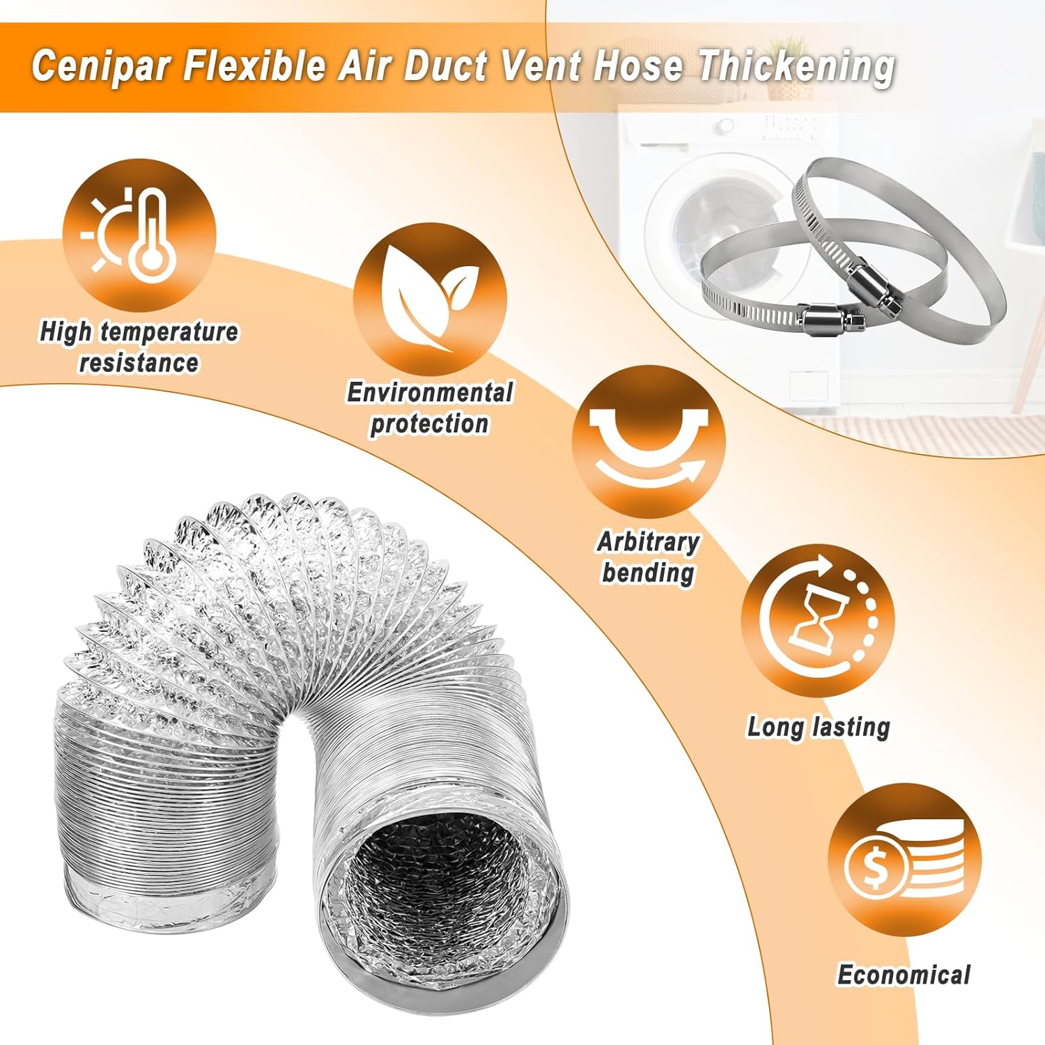 Cenipar Dryer Vent Hose-4 inch Ducting Vent Hose Flexible Aluminum Foil Non-Insulated (4 inch 5 feet) with 2 Clamps