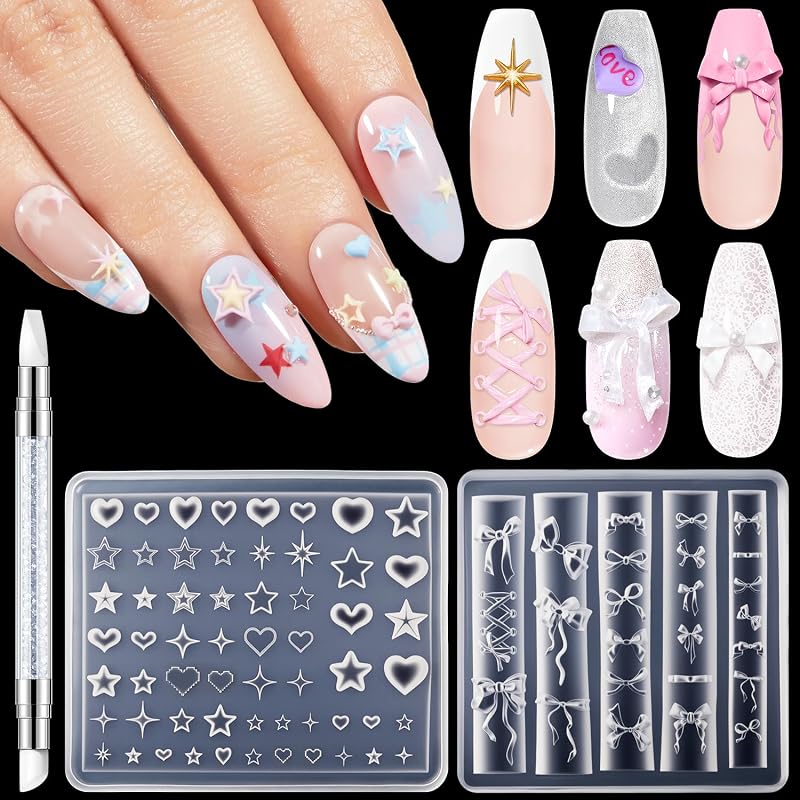 modelones Moldes de Silicona para decoración de uñas con Lazo y Estrella 3D con bolígrafo para Tallar | Fácil molde para uñas DIY para gel y acrílico, herramientas reutilizables para decoración de uñas para principiantes y profesionales