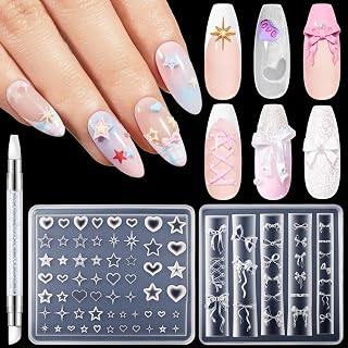 modelones Silicone Nail Art Molds 3D Bowknot& Star with Carving Pen | Easy DIY Nail Mold for Gel & Acrylic, Reusable Nail Art Tools for Beginners & Professionals