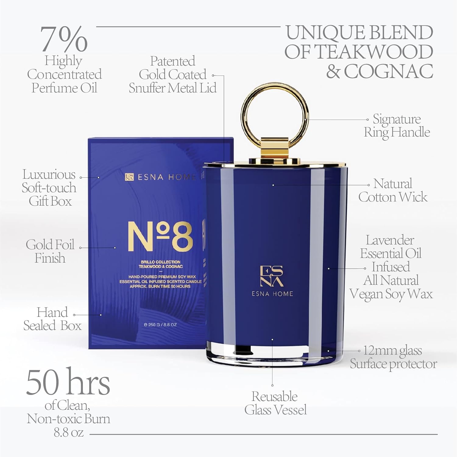 ESNA HOME Luxury Aromatherapy Soy Candle - Ocean Blue Candle 8.8oz 50h Natural Scented Candle - Lavender, Essential Oil with Premium Gift Bags with Fabric Ribbon Handles - Size 7.8 * 6.9 inch