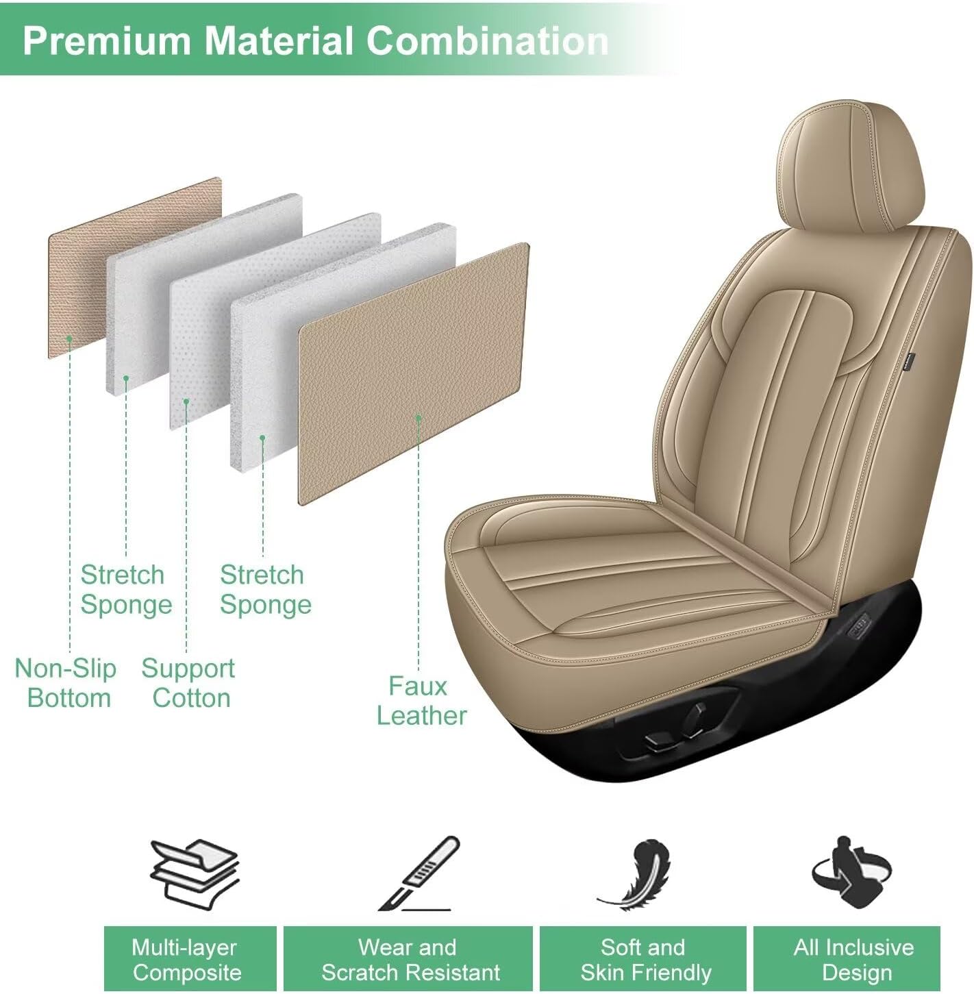 2 Front Car Seat Covers Fit for Honda Ridgeline 2006-2014 & 2024-2025: Waterproof Faux Leather Car Seat Covers Automotive Seat Cushion Protector (2 Seats, Beige)